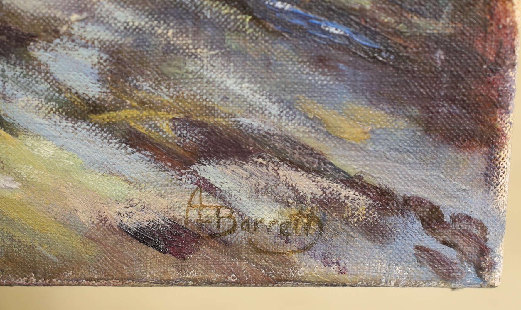 A. Barrett, oil on canvas, Travellers on a country lane, signed, 35 x 58cm, unframed